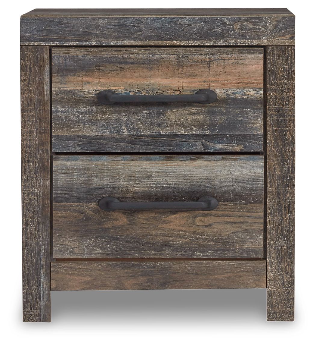 Two-drawer night stand, brown reclaimed-look finish, two drawers with bar pulls