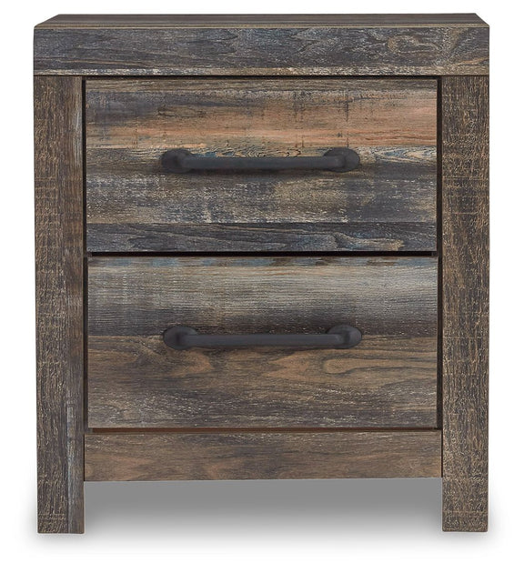 Two-drawer night stand, brown reclaimed-look finish, two drawers with bar pulls
