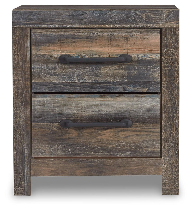 Two-drawer night stand, brown reclaimed-look finish, two drawers with bar pulls
