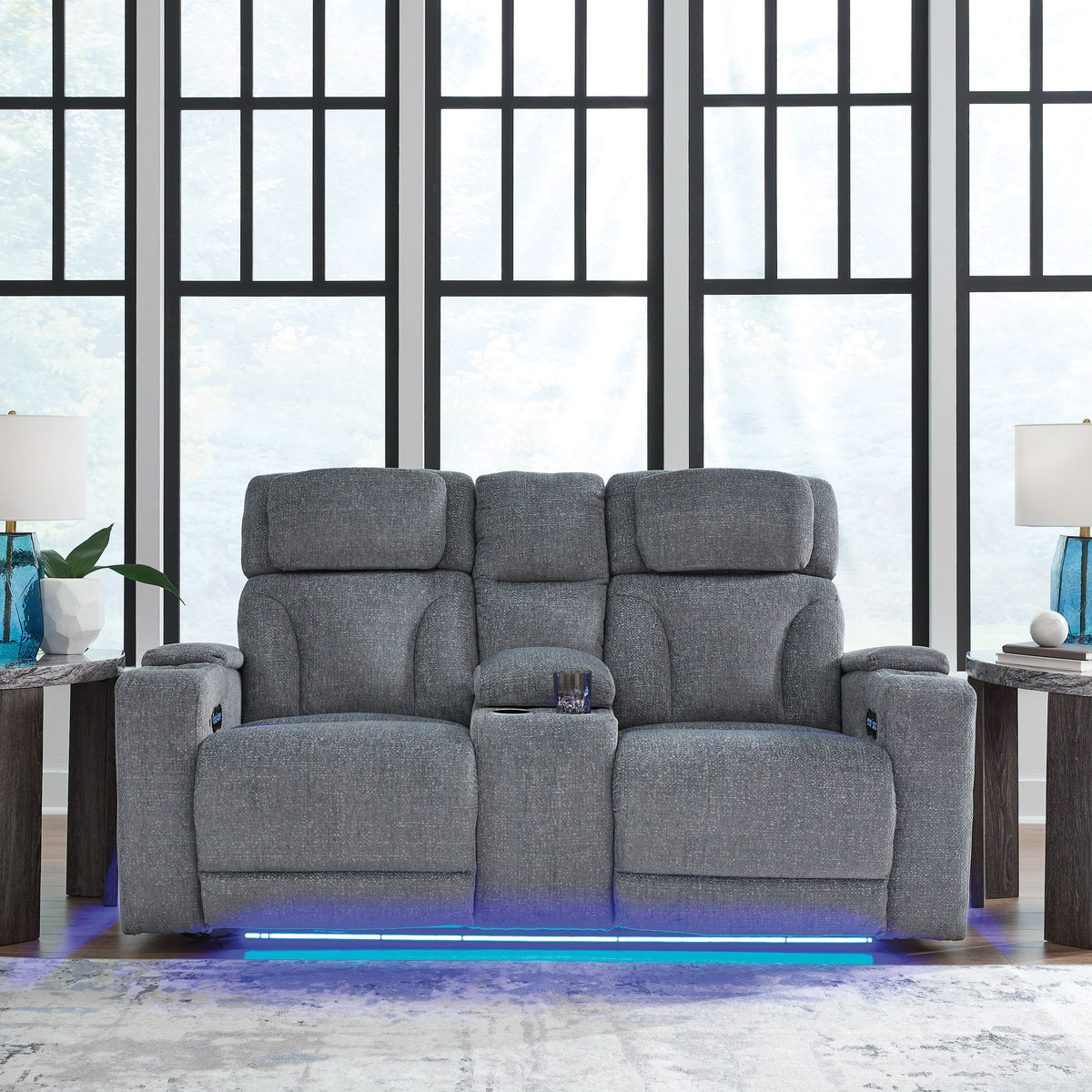 Studio Cave - Power Reclining Loveseat with Console - Steel
