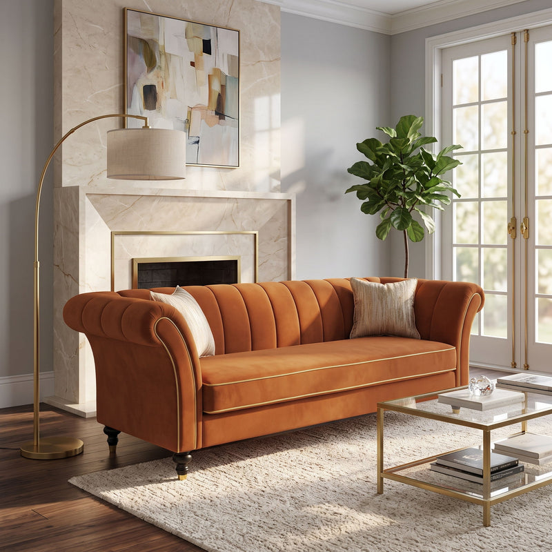 3 Seater Sofa With Rolled Arms, Vertical Channel Tufted Backrest