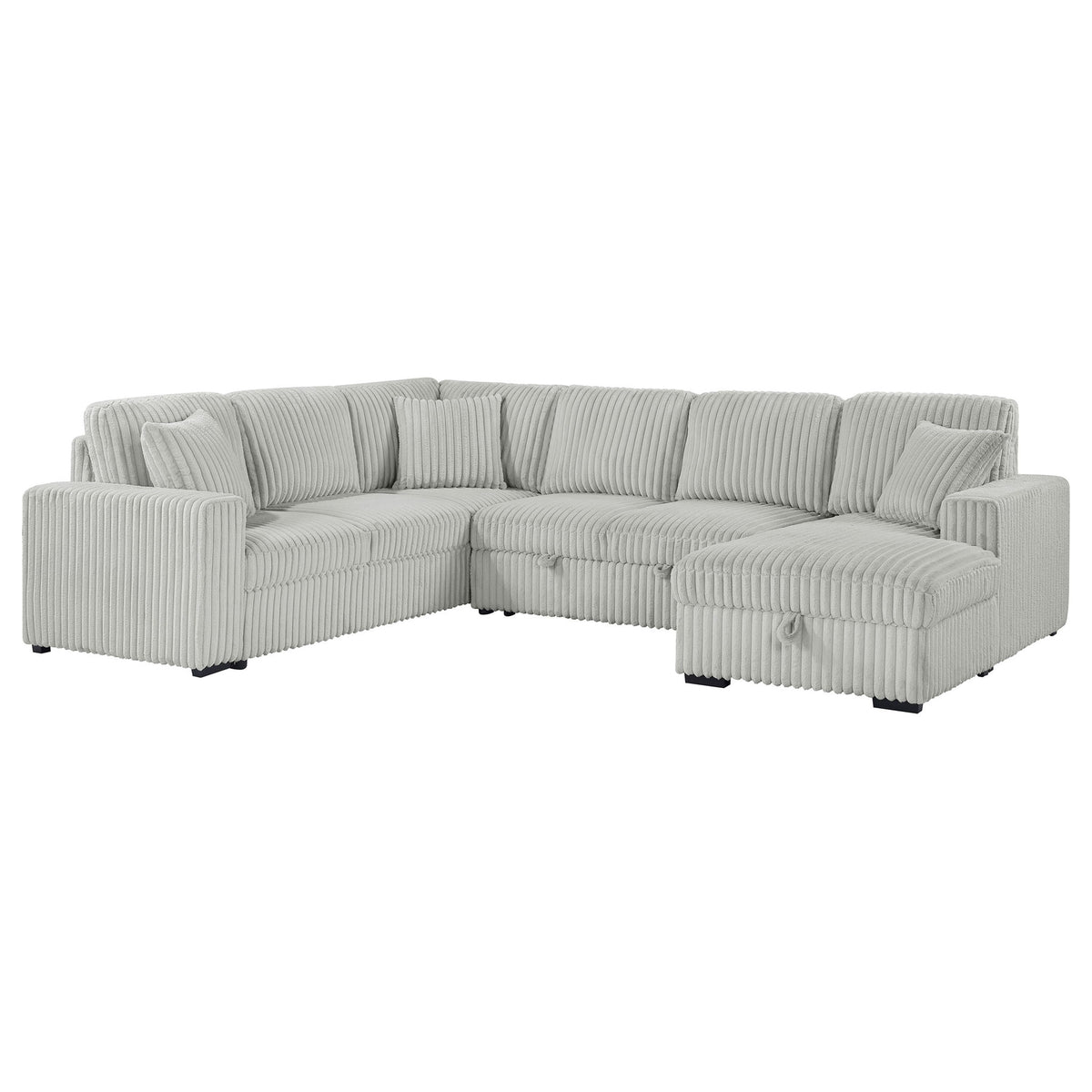 Light gray sectional sofa with pop-up bed storage chaise, striped upholstery