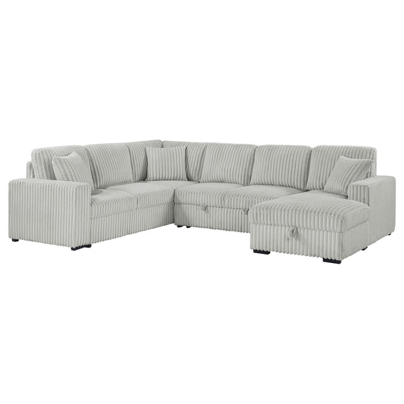 Light gray sectional sofa with pop-up bed storage chaise, striped upholstery