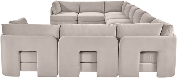 10-piece velvet sectional sofa, light gray modular seating with wide armrests.