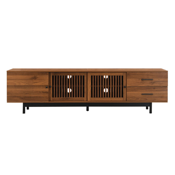 Walnut TV stand with two drawers, slatted cabinet doors, and open adjustable shelves