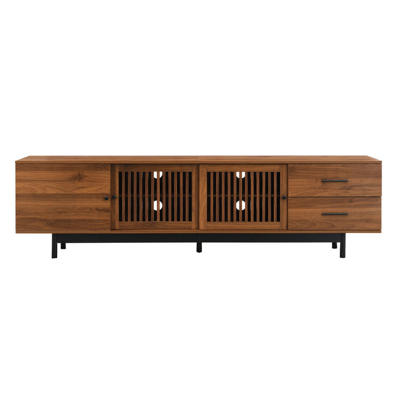 Walnut TV stand with two drawers, slatted cabinet doors, and open adjustable shelves