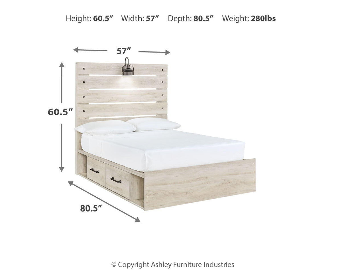 Cambeck panel bed with light wood frame, white bedding, and two front drawer doors