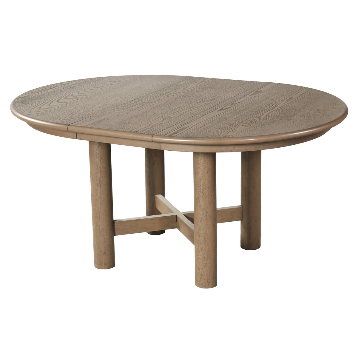 Dark gray-brown oval extendable dining table with leaf and tapered wooden legs.