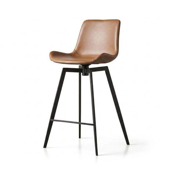 Brown swivel counter stool with cushioned seat, rounded backrest, and black angled legs