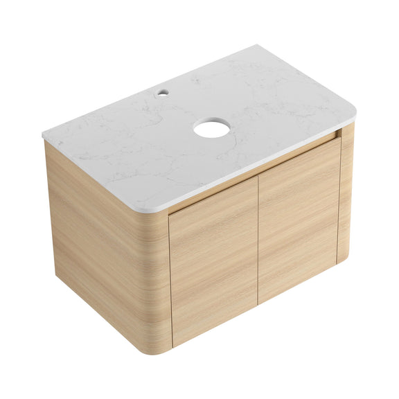 Light wood vanity cabinet with white stone-look top and oval opening