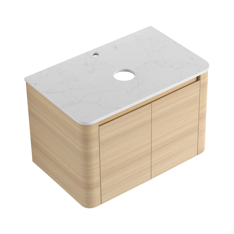 Light wood vanity cabinet with white stone-look top and oval opening
