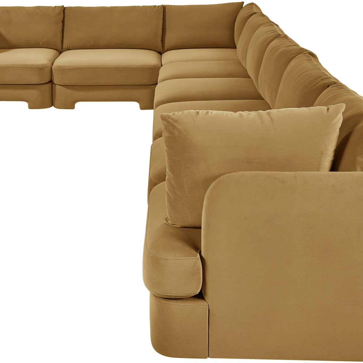 Velvet tan L-shaped sectional sofa corner and chaise with wide padded armrests