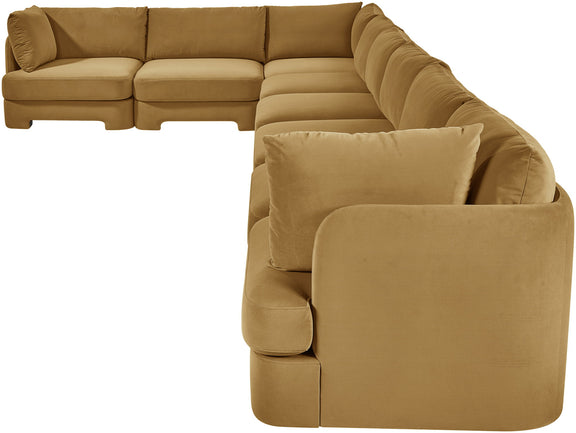 Velvet tan L-shaped sectional sofa corner and chaise with wide padded armrests