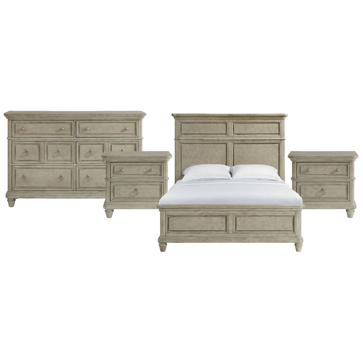 Panel bedroom set with bed, door chest, and nightstand in light gray finish