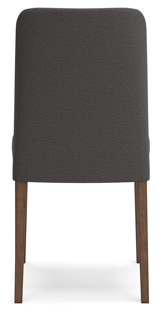 Charcoal gray upholstered dining side chair with tall back and wooden legs