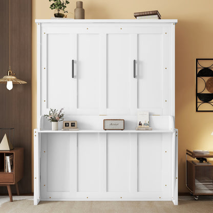 Queen Size Wood Murphy Bed, Space-Saving Hidden Wall Bed, Wall Bed Cabinet, with Gas Struts, White