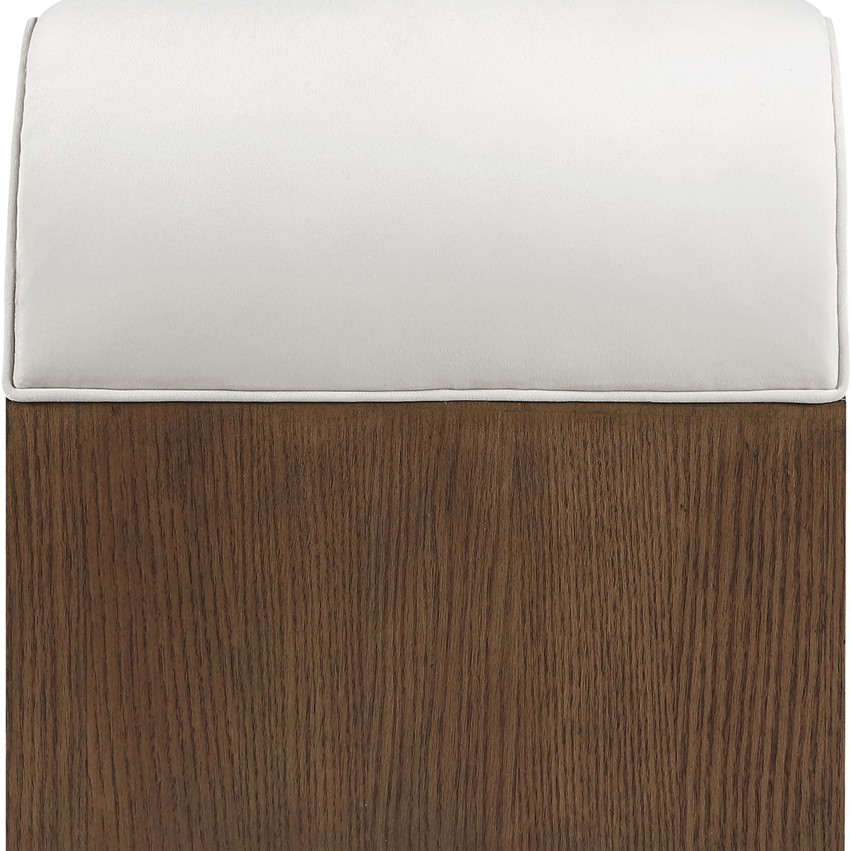 White upholstered bench top with dark wood sides and rounded padded back