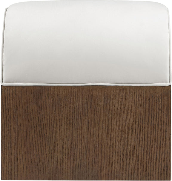White upholstered bench top with dark wood sides and rounded padded back