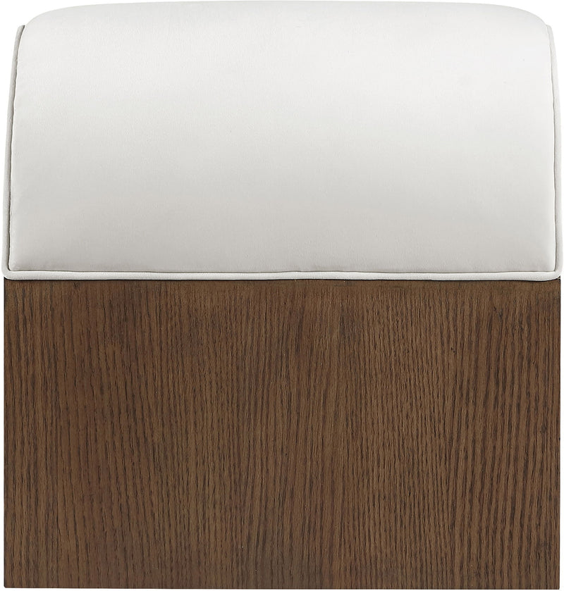 White upholstered bench top with dark wood sides and rounded padded back