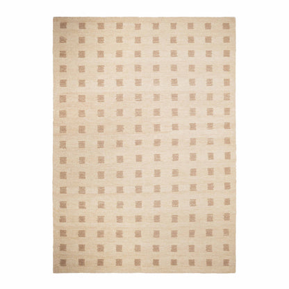 Light brown hand-tufted runner rug with small square pattern in tan and taupe
