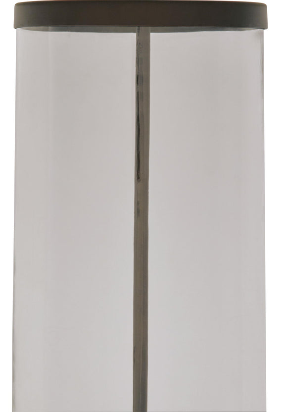 Junrow glass table lamp close-up: clear cylinder with dark top ring and metal stem