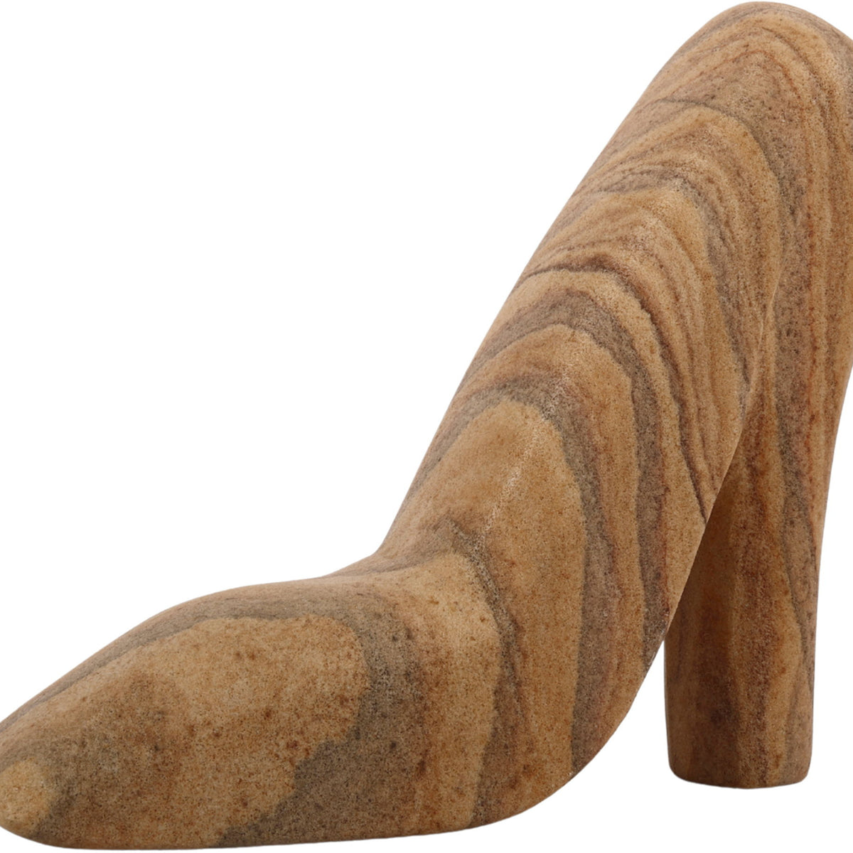 Sandstone tabletop object: tan-and-brown marbled high-heel shoe, angled side view