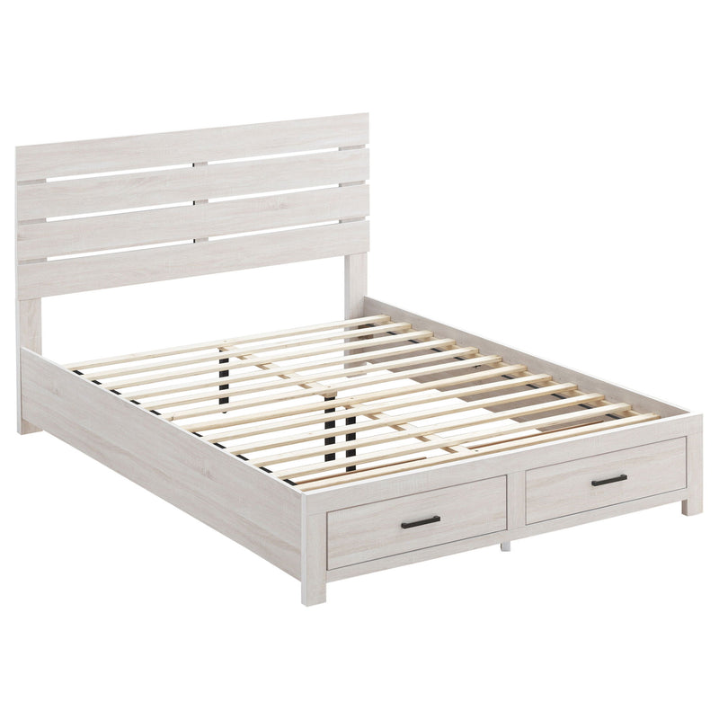 White platform bed with slatted headboard and two drawers on the side frame