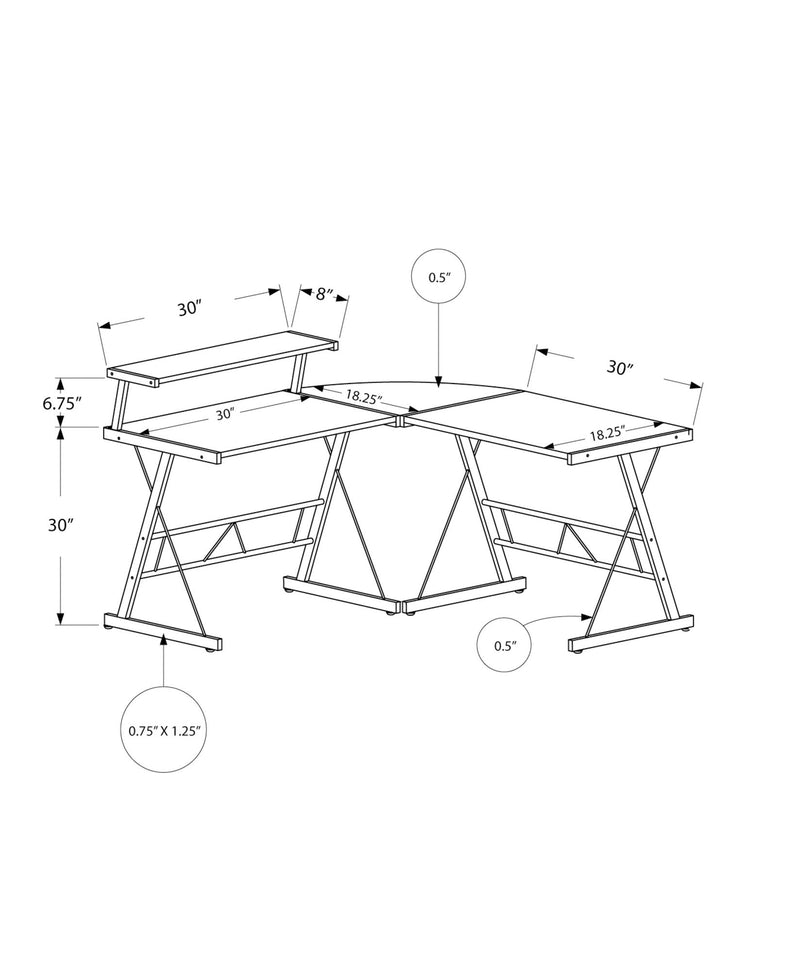 Corner L-shape computer desk with dimension diagram, dark brown top and gray frame