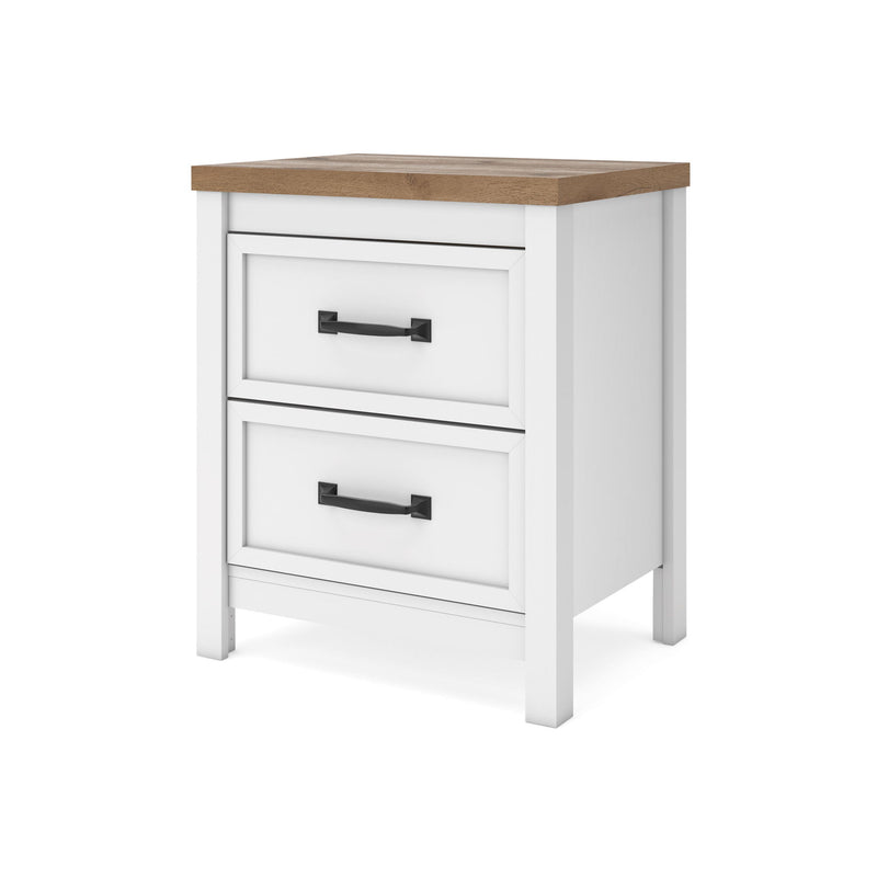 White two-drawer nightstand with brown tabletop and black bar drawer handles