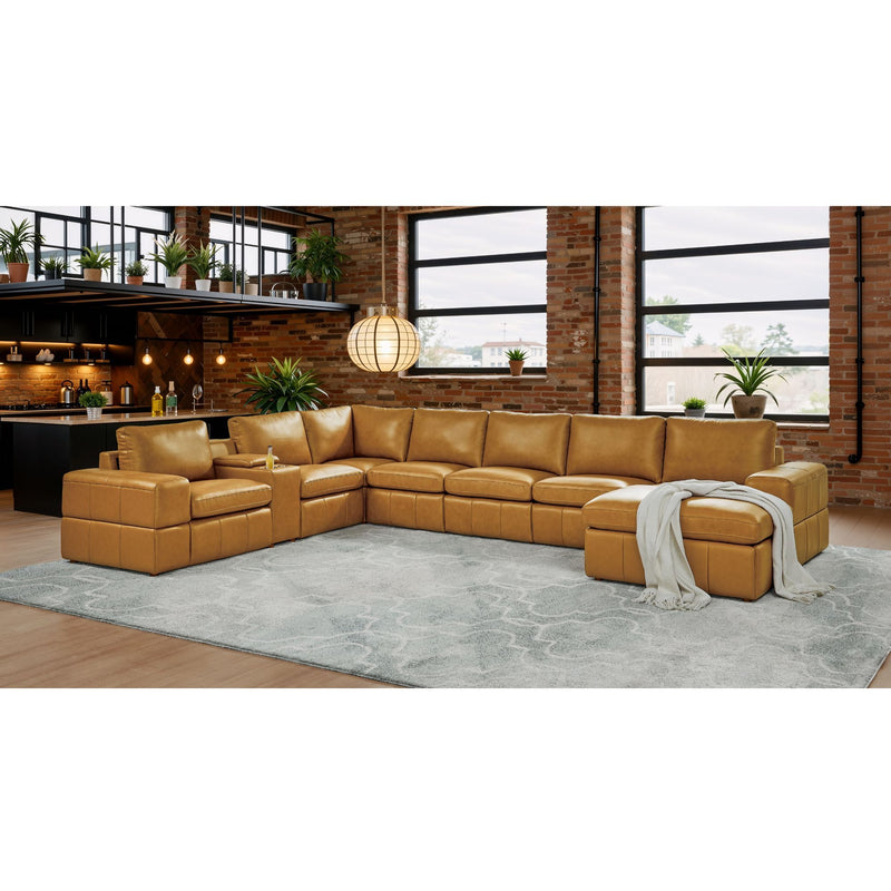 Light brown modular sectional sofa set with large square arms and ottoman seating