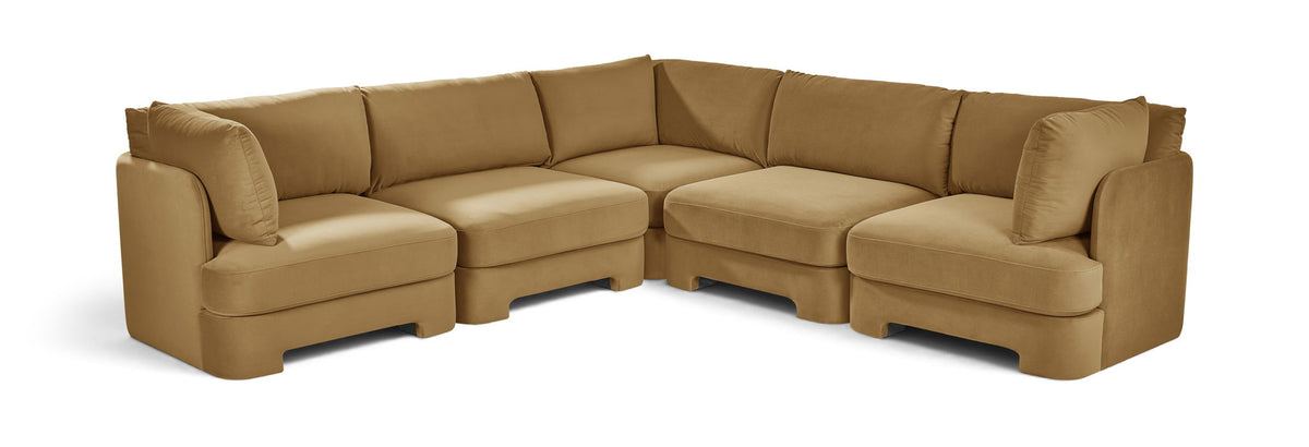 Tan velvet corner sectional sofa with five-piece modular L-shape and cushioned arms