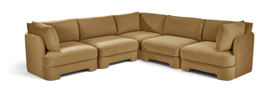 Tan velvet corner sectional sofa with five-piece modular L-shape and cushioned arms