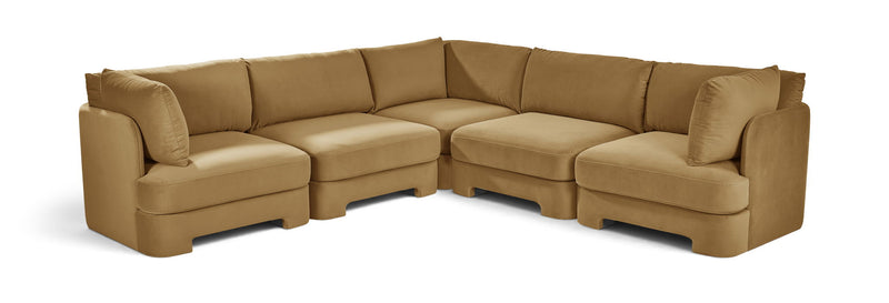 Tan velvet corner sectional sofa with five-piece modular L-shape and cushioned arms
