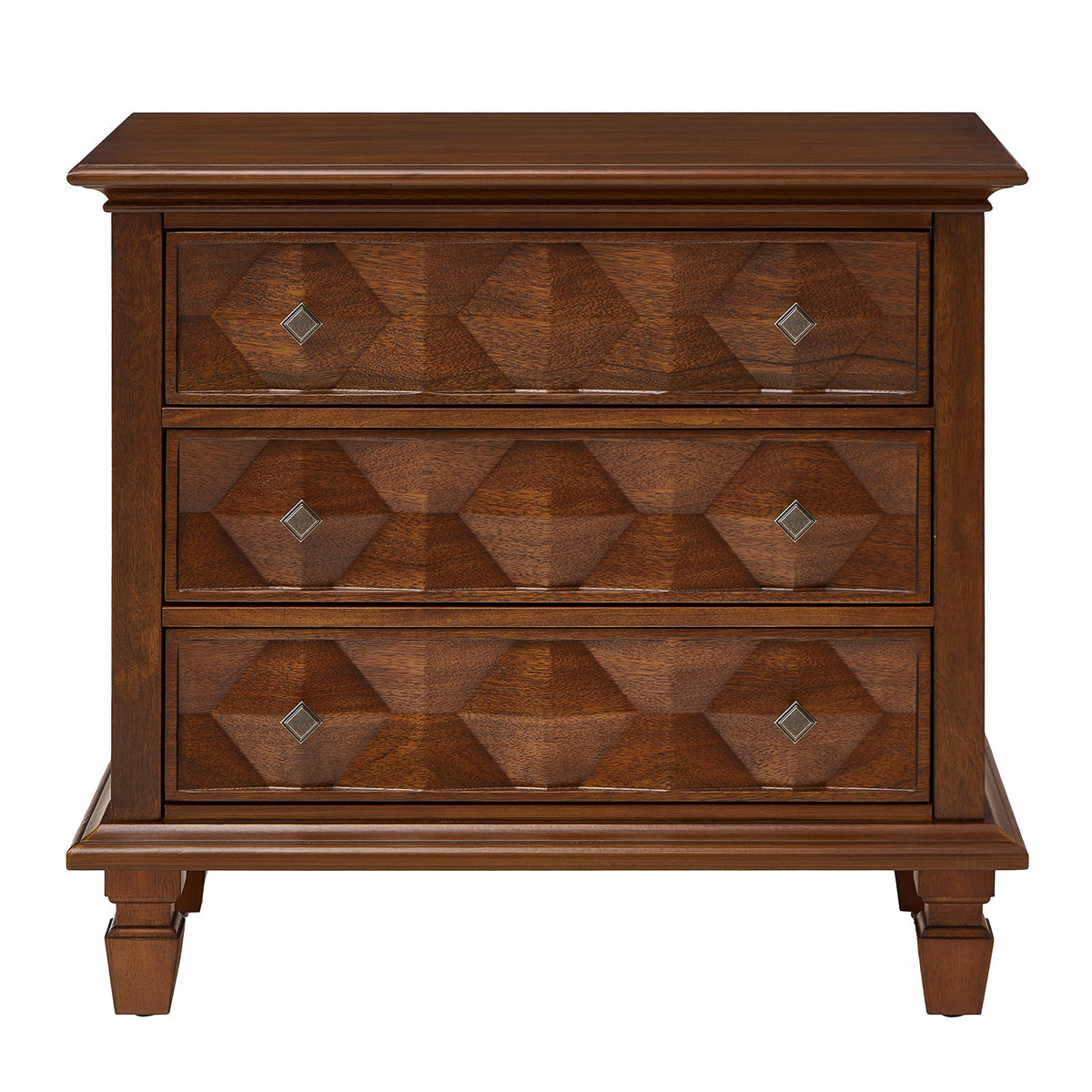 Walnut bedside table with three geometric-front drawers and tapered feet