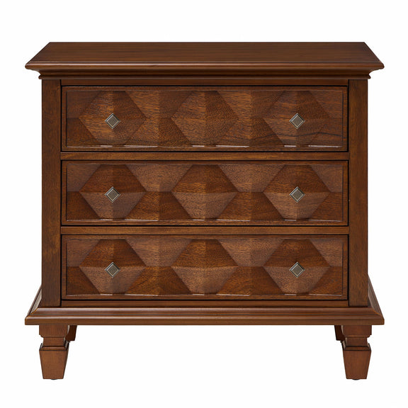 Walnut bedside table with three geometric-front drawers and tapered feet