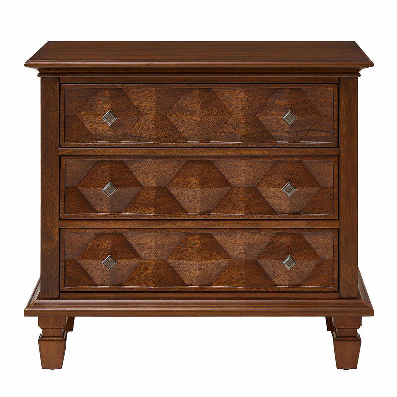Walnut bedside table with three geometric-front drawers and tapered feet