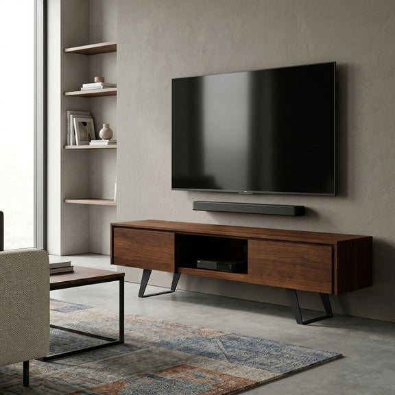 Walnut TV media stand with open shelves, central drawer, and black metal legs