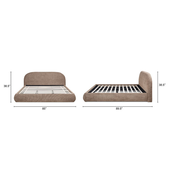 Upholstered platform bed in dark brown fabric with rounded headboard and slat support