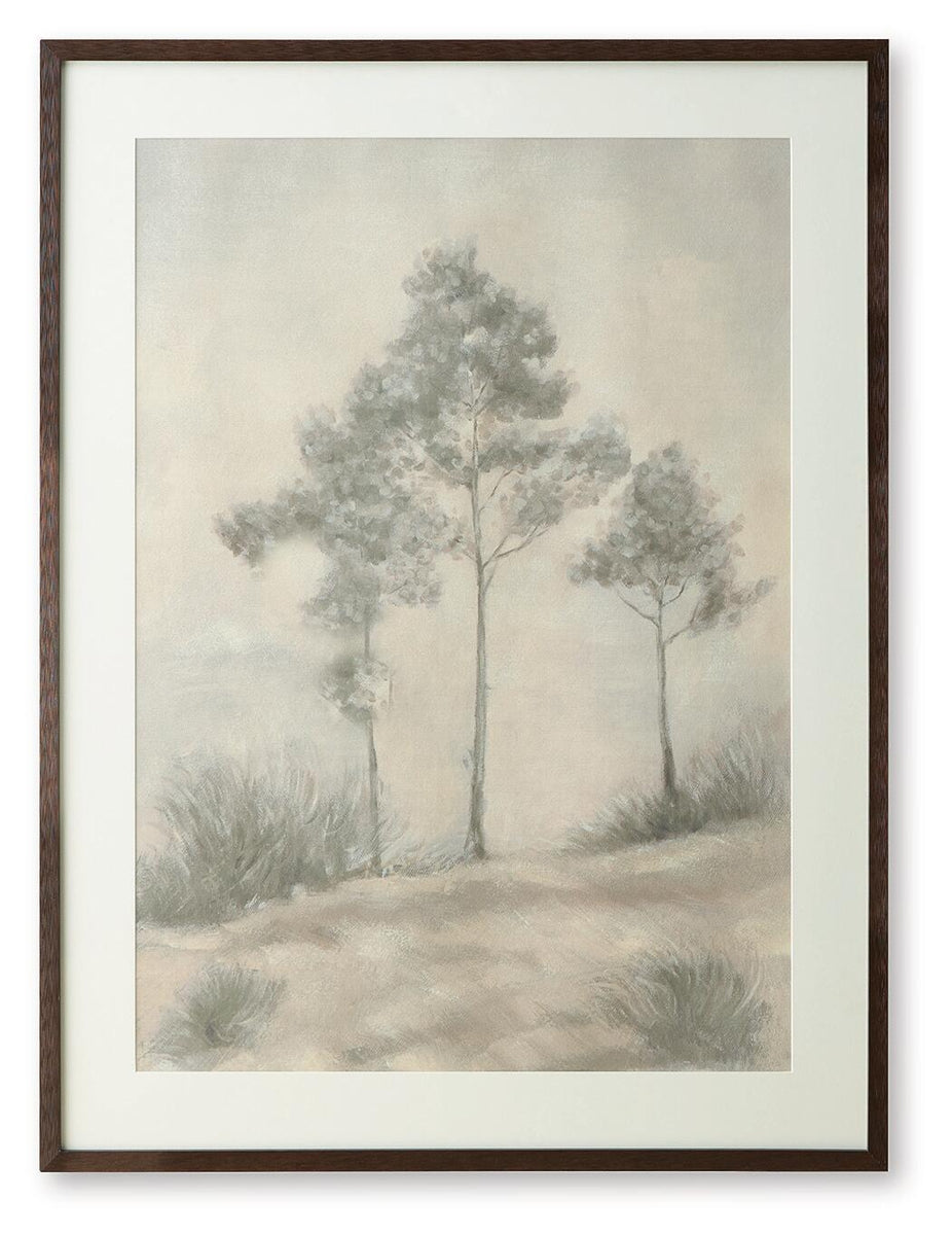 Framed wall art print with pastel trees and pathway, beige and gray tones