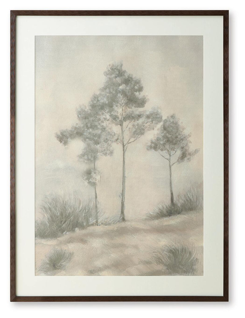 Framed wall art print with pastel trees and pathway, beige and gray tones