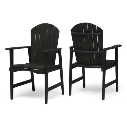 Outdoor acacia adirondack dining chair set in dark gray with curved armrests and slatted back