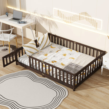 Full Size Floor Bed with Fence and Door, Rubber Wood Floor Bed with Safety Guardrails, Espresso