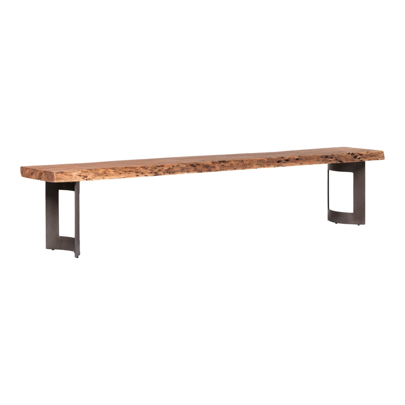 Extra-small brown wood bench with a live-edge seat and curved metal legs