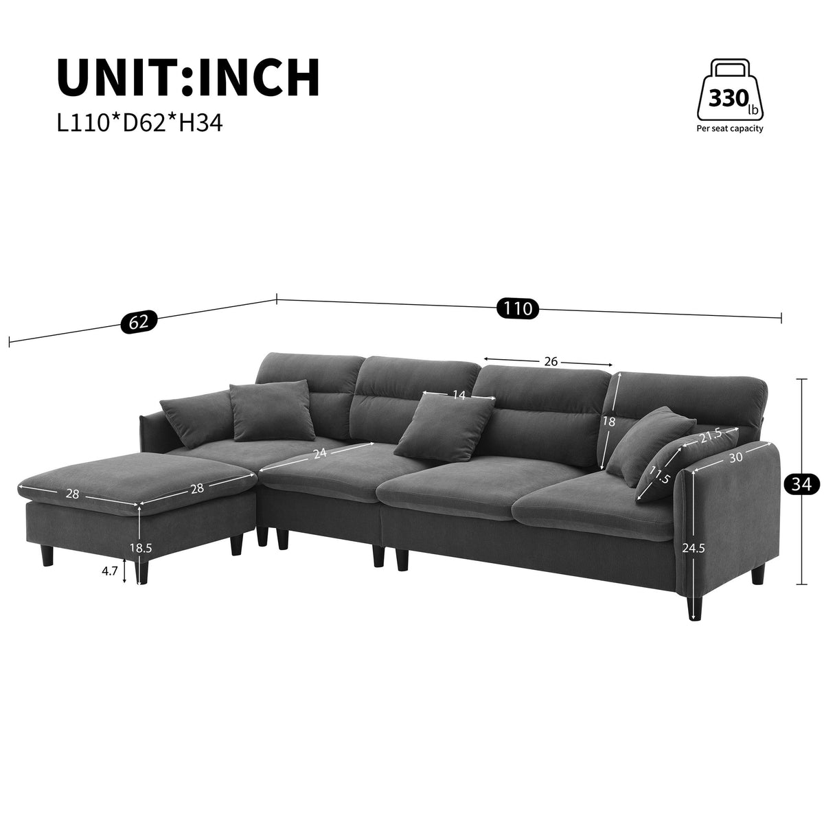Modern Convertible Sectional Sofa L Shaped Reversible Couch Set With Free Pillows 5 Seat Cloud With Ottoman