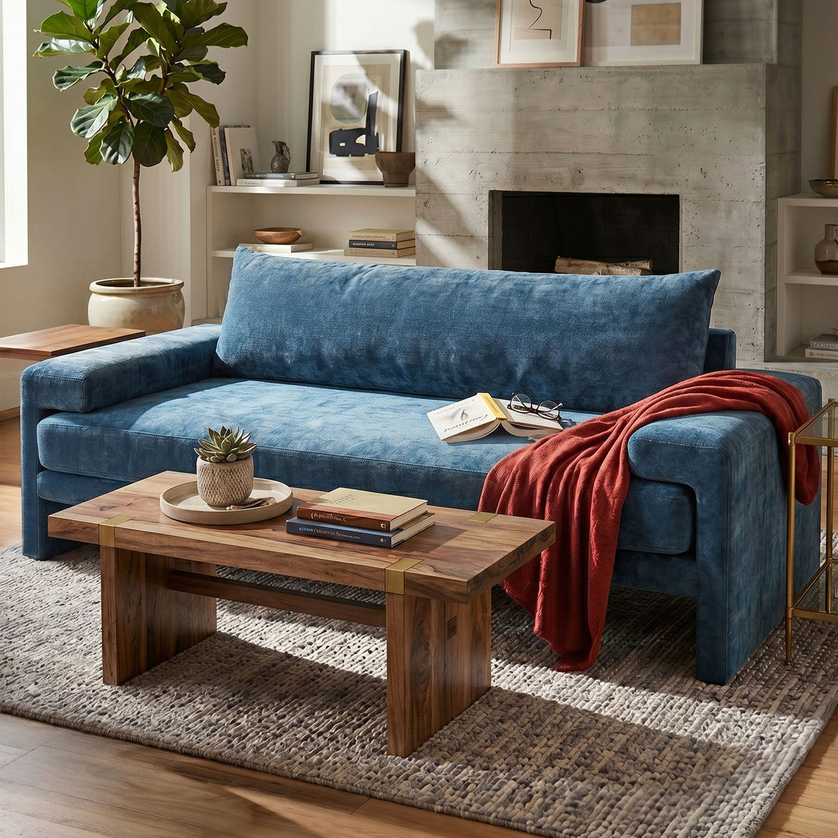 Blue upholstered 3-seater sofa with wide armrests and back cushion, with red throw.
