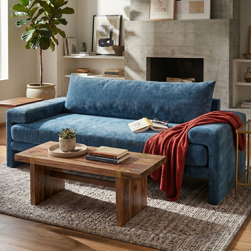 Blue upholstered 3-seater sofa with wide armrests and back cushion, with red throw.