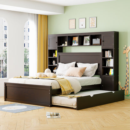 Twin bed with built-in cabinet shelves and side drawers, dark brown finish