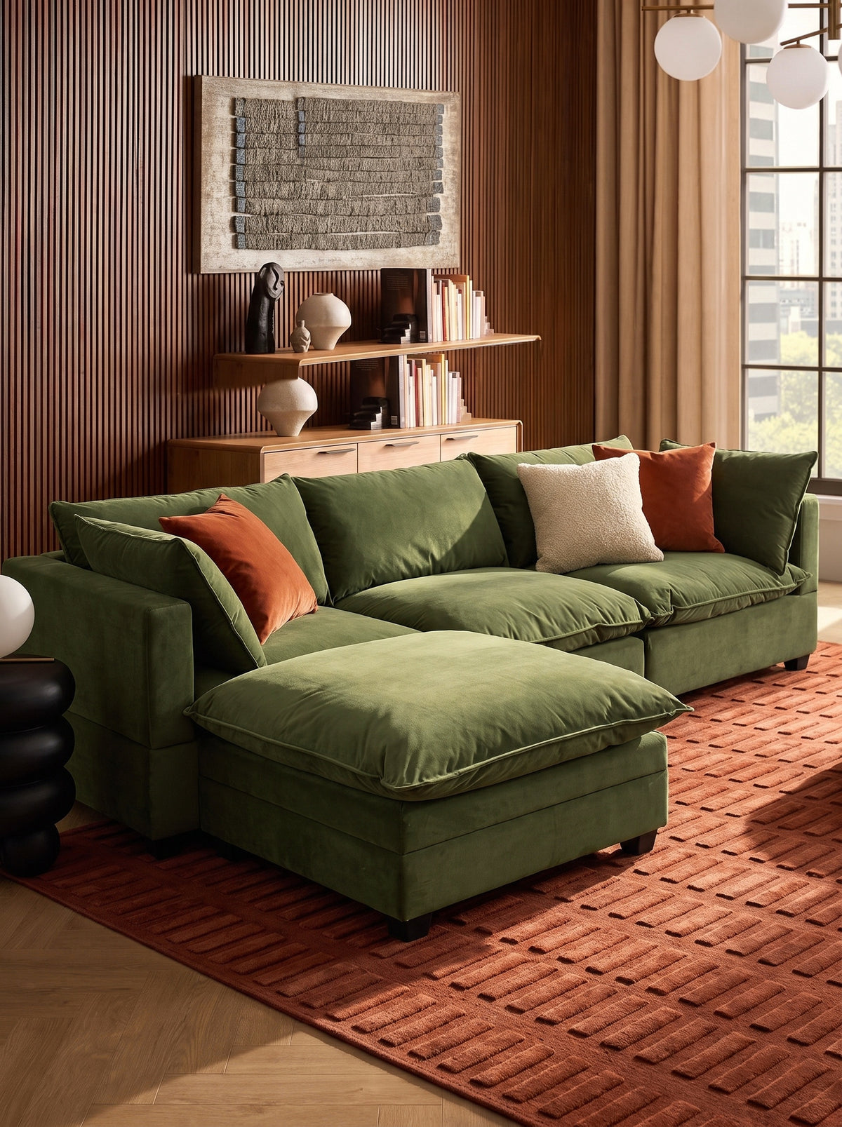 Olive green sectional sofa with chaise in L-shape configuration