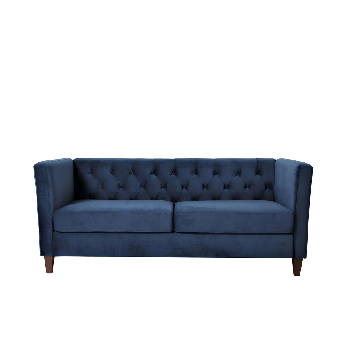 Blue button-tufted 3-seat sofa with two-tone seat cushions and dark wooden legs