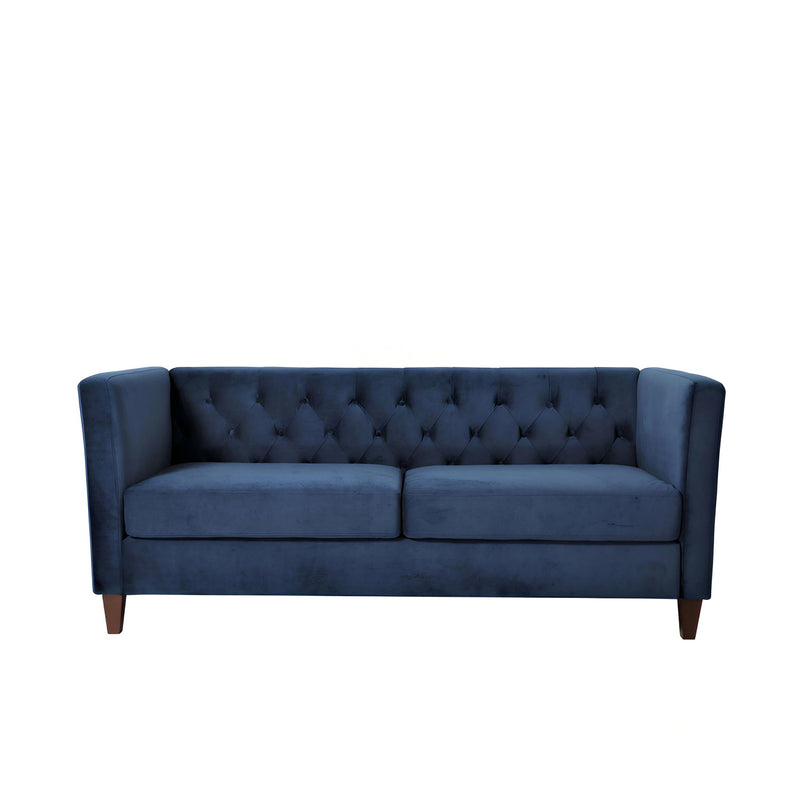 Blue button-tufted 3-seat sofa with two-tone seat cushions and dark wooden legs